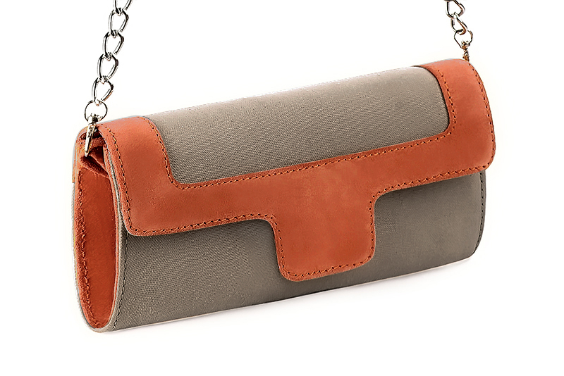 Pochette femme mariage cérémonie marron taupe et orange corail - Vue avant