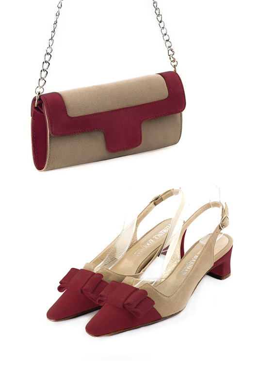 Florence Kooijman - Pochette femme mariage cérémonie beige sahara et rouge bordeaux - Idéal mariage, cérémonie et soirée - Vue porté