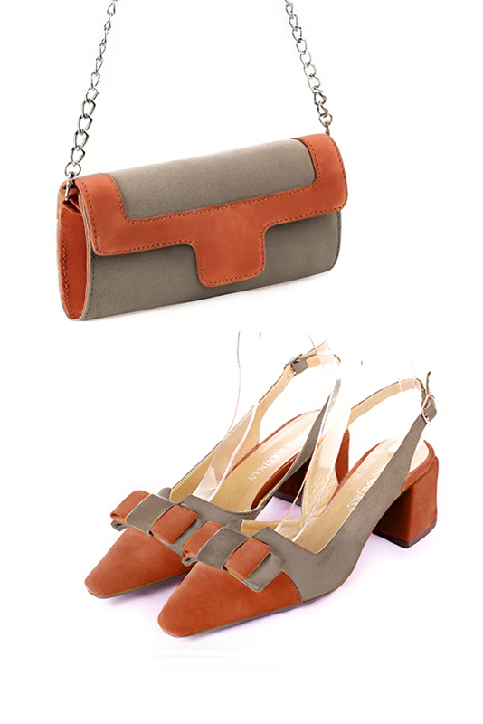 Pochette femme mariage cérémonie marron taupe et orange corail - Vue porté
