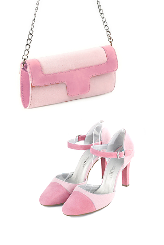 Pochette habillée femme pour cérémonie rose pâle et rose camélia - Vue porté