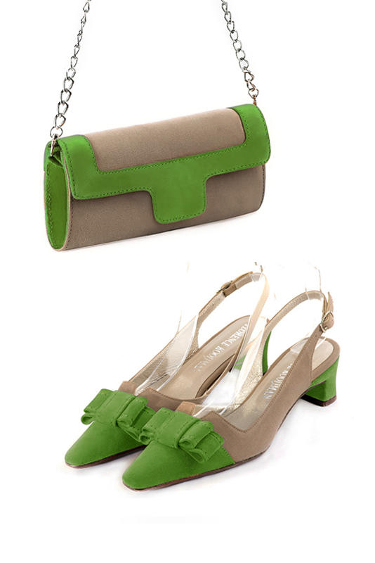 Florence Kooijman - Pochette femme mariage cérémonie beige sahara et vert anis - Idéal mariage, cérémonie et soirée - Vue porté