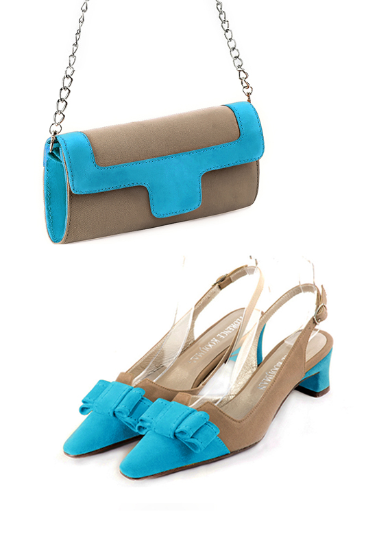 Florence Kooijman - Pochette femme mariage cérémonie beige sahara et bleu turquoise - Idéal mariage, cérémonie et soirée - Vue porté