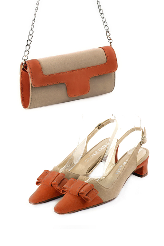 Florence Kooijman - Pochette femme mariage cérémonie beige sahara et orange corail - Idéal mariage, cérémonie et soirée - Vue porté