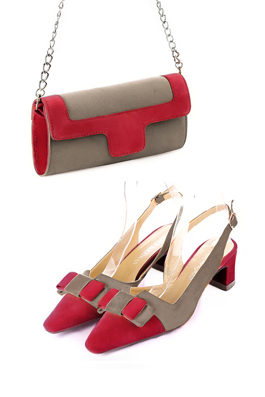 Pochette habillée femme pour cérémonie marron taupe et rouge carmin - Vue porté