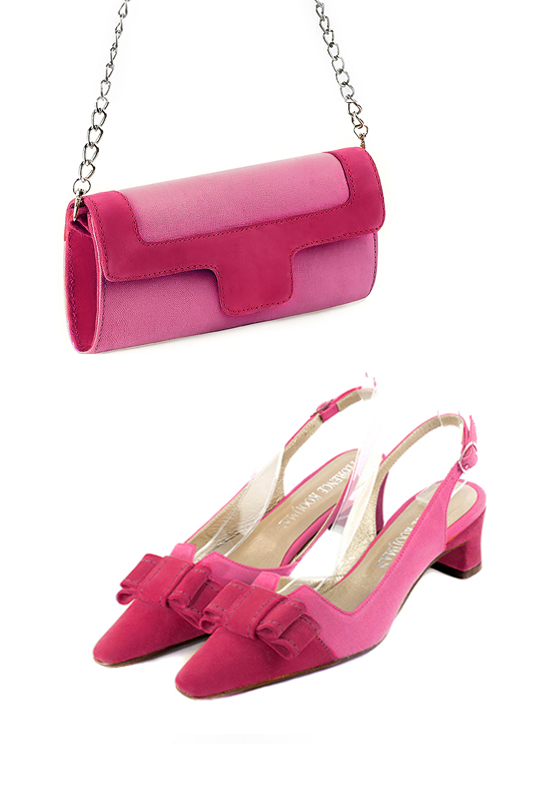 Pochette habillée femme pour cérémonie rose pétunia et rose fuchsia - Vue porté