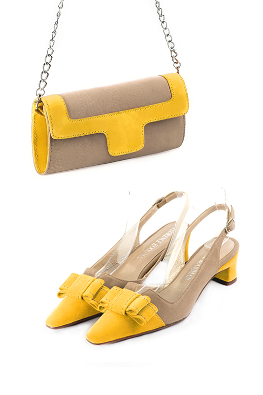 Florence Kooijman - Pochette femme mariage cérémonie beige sahara et jaune - Idéal mariage, cérémonie et soirée - Vue porté