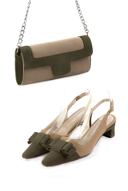 Florence Kooijman - Pochette femme mariage cérémonie beige sahara et vert kaki - Idéal mariage, cérémonie et soirée - Vue porté