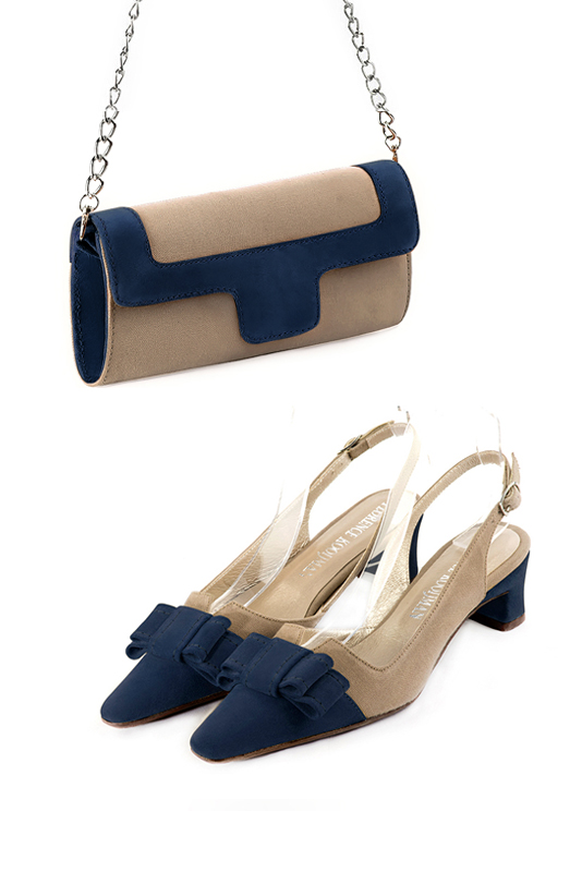 Florence Kooijman - Pochette femme mariage cérémonie beige sahara et bleu marine - Idéal mariage, cérémonie et soirée - Vue porté