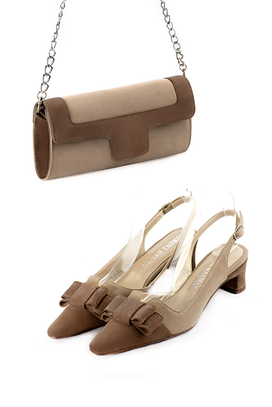 Florence Kooijman - Pochette femme mariage cérémonie beige sahara et marron chocolat - Idéal mariage, cérémonie et soirée - Vue porté