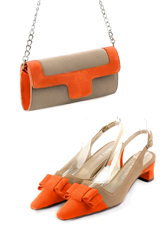 Florence Kooijman - Pochette femme mariage cérémonie beige sahara et orange clémentine - Idéal mariage, cérémonie et soirée - Vue porté