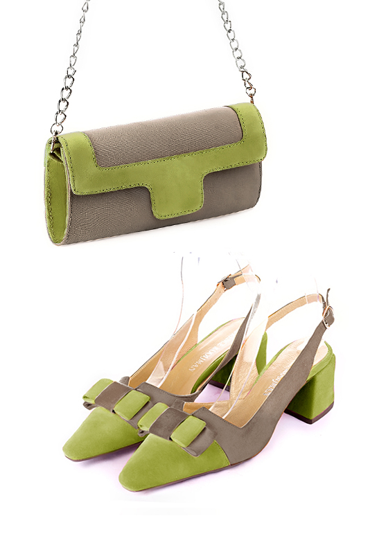 Pochette femme mariage cérémonie marron taupe et vert pistache - Vue porté