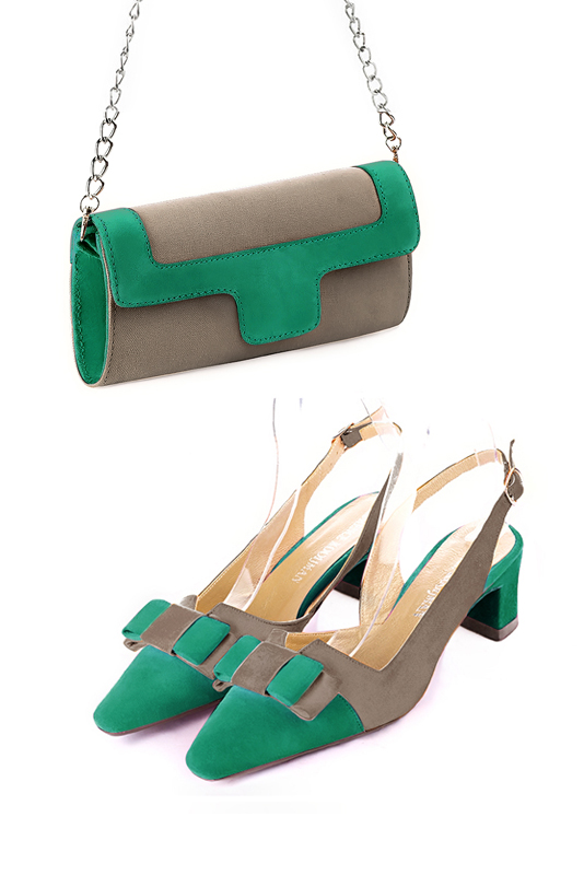 Pochette habillée femme pour cérémonie marron taupe et vert émeraude - Vue porté