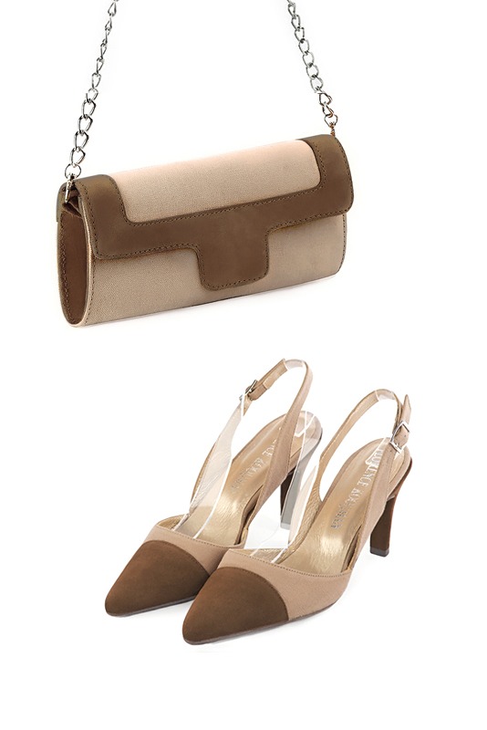 Florence Kooijman - Pochette femme mariage cérémonie beige sahara et marron chocolat - Idéal mariage, cérémonie et soirée - Vue porté