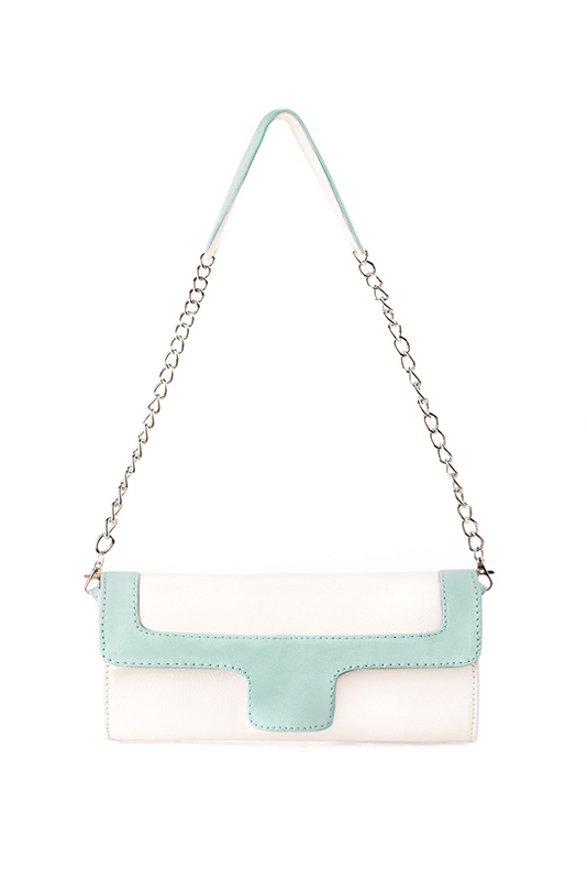 Pochette femme mariage cérémonie cuir blanc cassé et bleu lagon - Vue du dessus