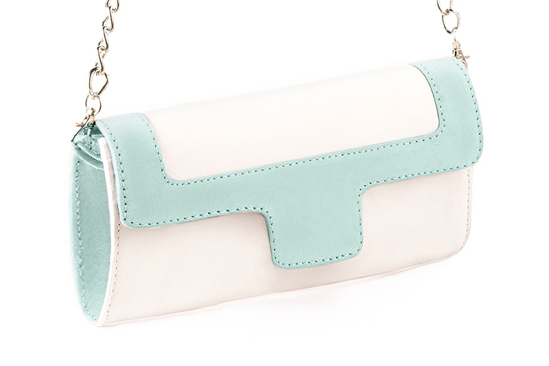 Pochette femme mariage cérémonie cuir blanc cassé et bleu lagon - Vue avant
