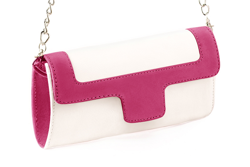 Pochette femme mariage cérémonie cuir blanc cassé et rose fuchsia - Vue avant