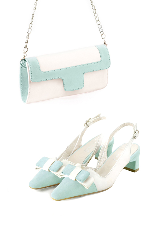 Pochette femme mariage cérémonie cuir blanc cassé et bleu lagon - Vue porté