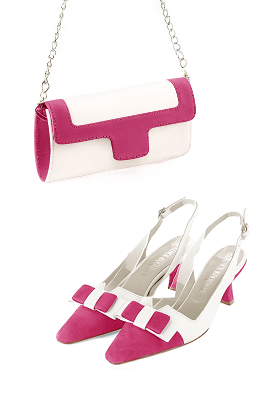 Pochette femme mariage cérémonie cuir blanc cassé et rose fuchsia - Vue porté