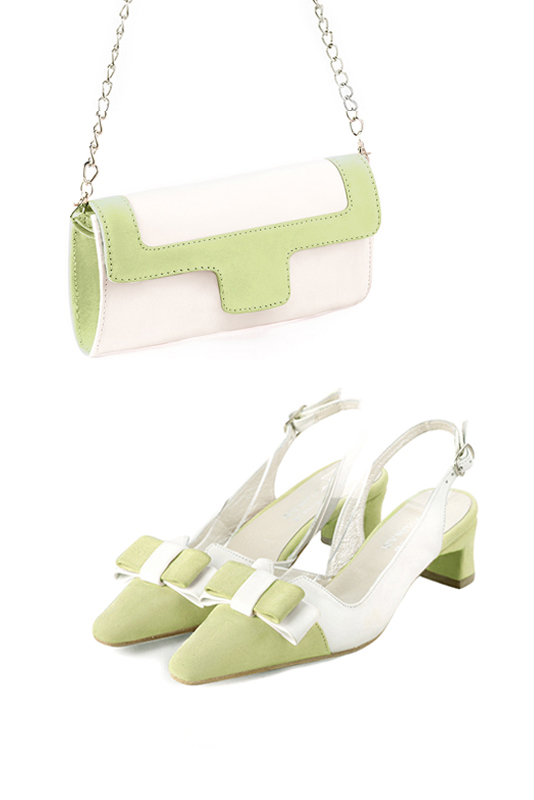 Pochette femme mariage cérémonie cuir blanc cassé et vert tilleul - Vue porté