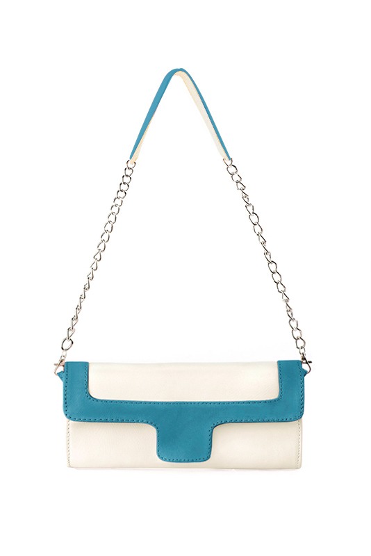 Pochette femme mariage cérémonie cuir blanc cassé et bleu canard - Vue du dessus