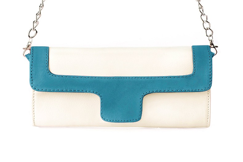 Pochette femme mariage cérémonie cuir blanc cassé et bleu canard - Vue de profil