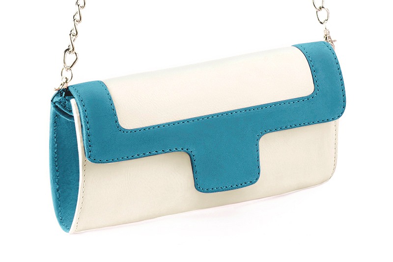 Pochette femme mariage cérémonie cuir blanc cassé et bleu canard - Vue avant