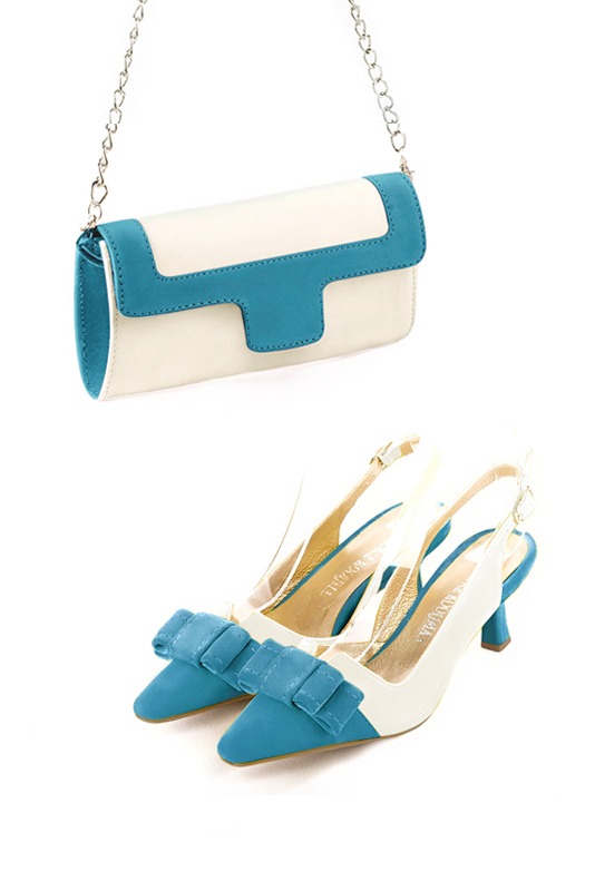 Pochette femme mariage cérémonie cuir blanc cassé et bleu canard - Vue porté