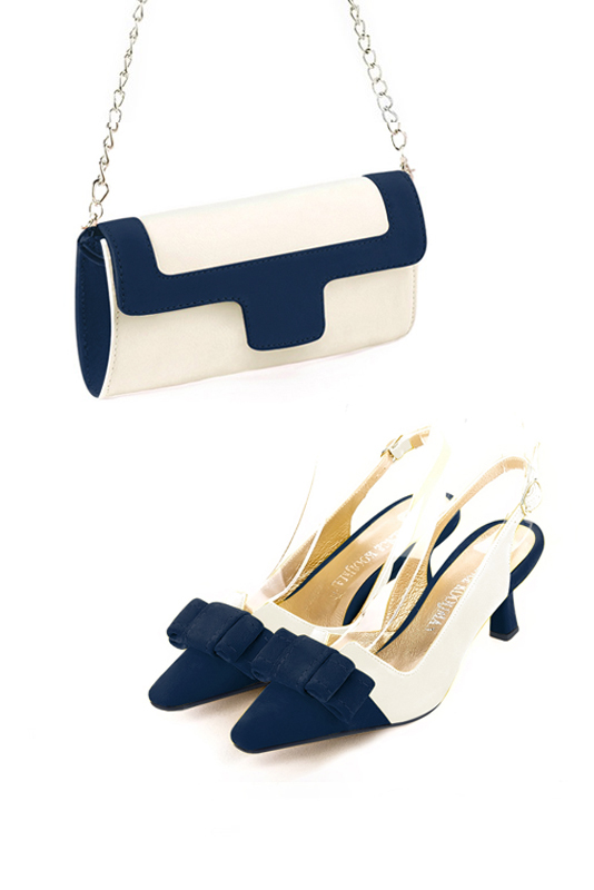 Pochette femme mariage cérémonie cuir blanc cassé et bleu marine - Vue porté