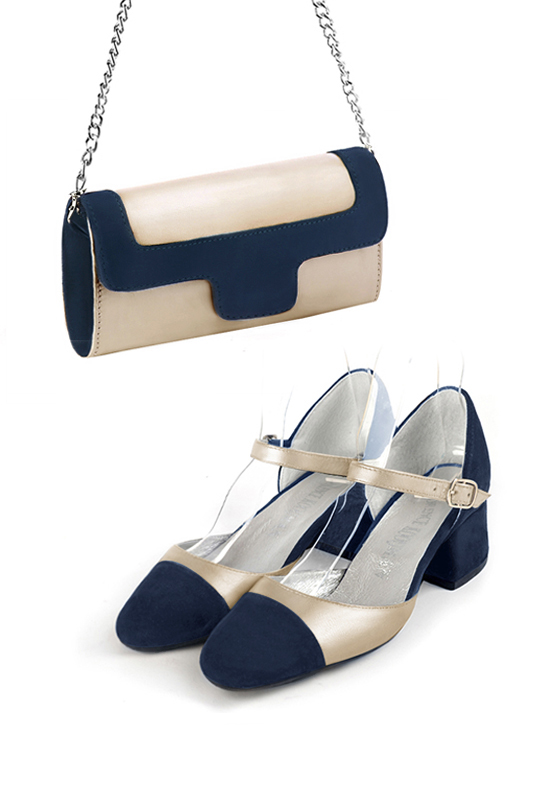 Pochette femme mariage cérémonie cuir or et bleu marine - Vue porté
