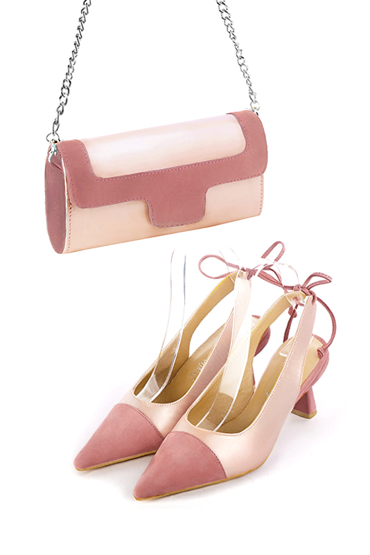 Pochette femme mariage cérémonie cuir rose poudré et vieux rose - Vue porté