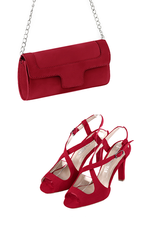 Pochette femme mariage cérémonie en cuir rouge carmin - Vue porté