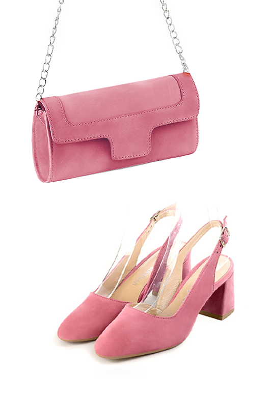 Pochette femme mariage cérémonie en cuir rose camélia - Vue porté