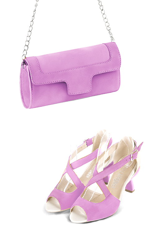 Pochette femme mariage cérémonie en cuir violet mauve - Vue porté