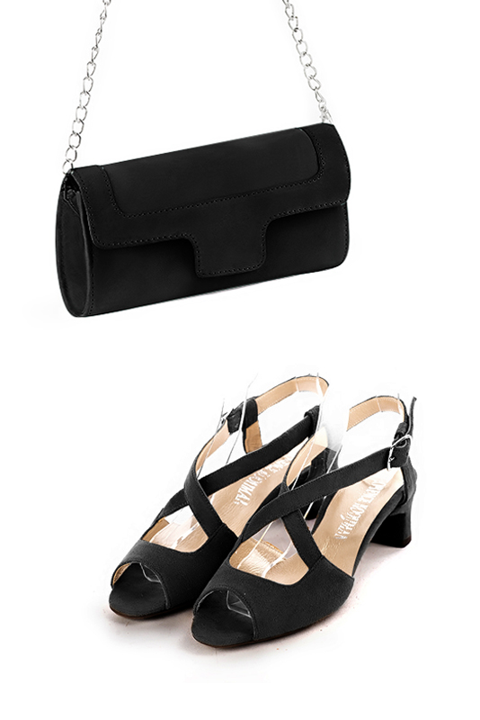 Pochette femme mariage cérémonie en cuir noir mat - Vue porté