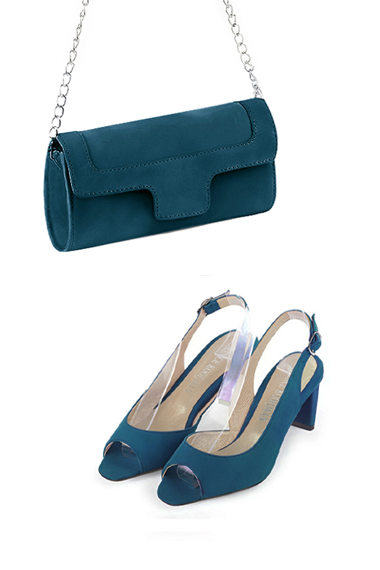 Pochette femme mariage cérémonie en cuir bleu canard - Vue porté