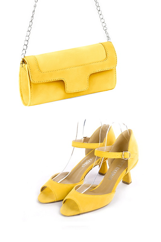 Pochette femme mariage cérémonie en cuir jaune - Vue porté
