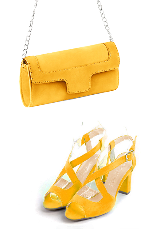 Pochette femme mariage cérémonie en cuir jaune - Vue porté