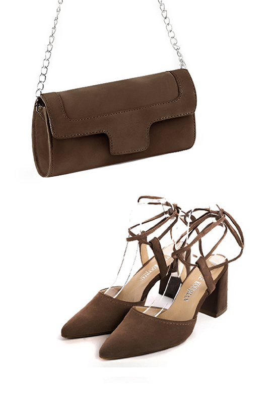 Pochette femme mariage cérémonie en cuir marron chocolat - Vue porté