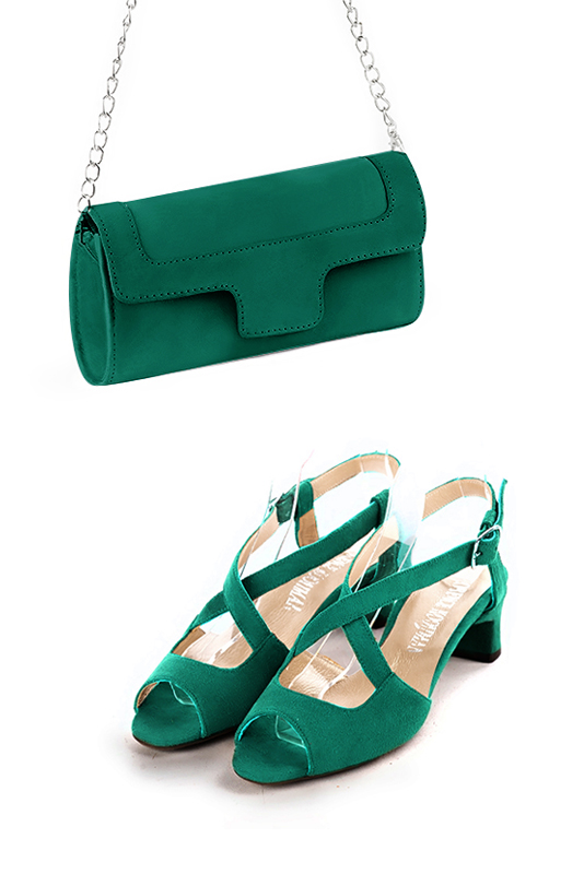 Pochette femme mariage cérémonie en cuir vert émeraude - Vue porté