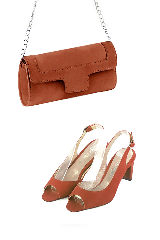 Pochette femme mariage cérémonie en cuir orange corail - Vue porté