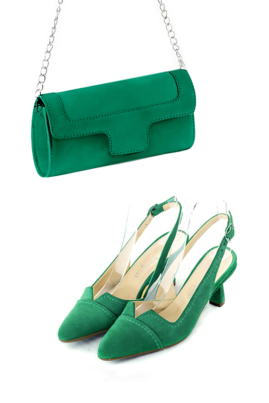 Pochette femme mariage cérémonie en cuir vert émeraude - Vue porté