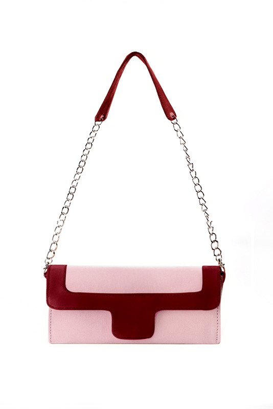 Pochette femme habillée  rose camélia et rouge bordeaux pour mariage, cérémonies et soirées. 
            Personnalisation. Vue du dessus - Florence KOOIJMAN