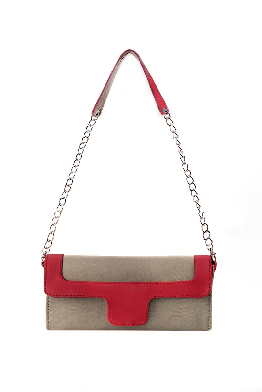 Pochette femme habillée  marron taupe et rouge carmin pour mariage, cérémonies et soirées. 
            Personnalisation. Vue du dessus - Florence KOOIJMAN