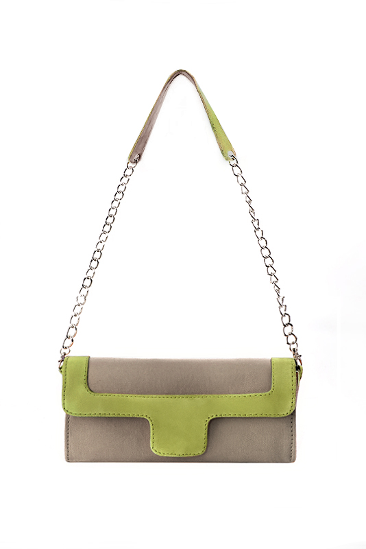 Pochette femme habillée  marron taupe et vert pistache pour mariage, cérémonies et soirées. 
            Personnalisation. Vue du dessus - Florence KOOIJMAN
