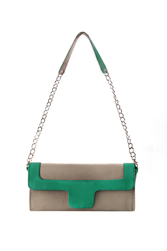 Pochette femme habillée  marron taupe et vert émeraude pour mariage, cérémonies et soirées. 
            Personnalisation. Vue du dessus - Florence KOOIJMAN