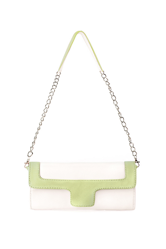 Pochette femme habillée  blanc cassé et vert tilleul pour mariage, cérémonies et soirées. 
            Personnalisation. Vue du dessus - Florence KOOIJMAN