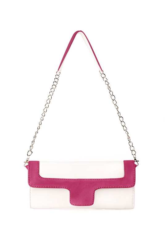 Pochette femme habillée  blanc cassé et rose fuchsia pour mariage, cérémonies et soirées. 
            Personnalisation. Vue du dessus - Florence KOOIJMAN