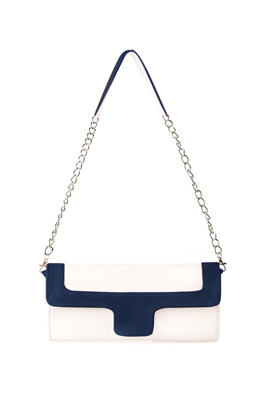 Pochette femme habillée  blanc cassé et bleu marine pour mariage, cérémonies et soirées. 
            Personnalisation. Vue du dessus - Florence KOOIJMAN