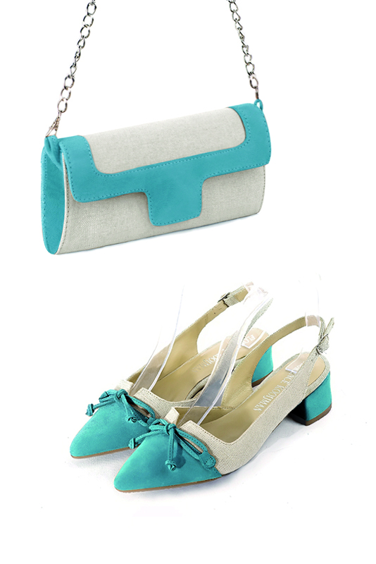 Pochette habillée femme pour cérémonie beige naturel et bleu canard - Vue porté
