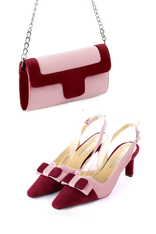 Pochette femme habillée  rose camélia et rouge bordeaux pour mariage, cérémonies et soirées. 
            Personnalisation. Vue porté - Florence KOOIJMAN